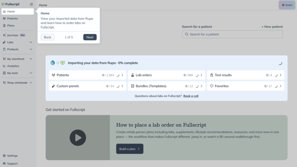 Fullscript Home page tour introducing imported Rupa data and key navigation areas.